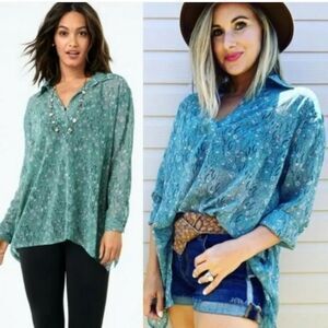 Cabi Chase Field Of Flowers Micro Floral Blouse Teal Semi Sheer Women's Small